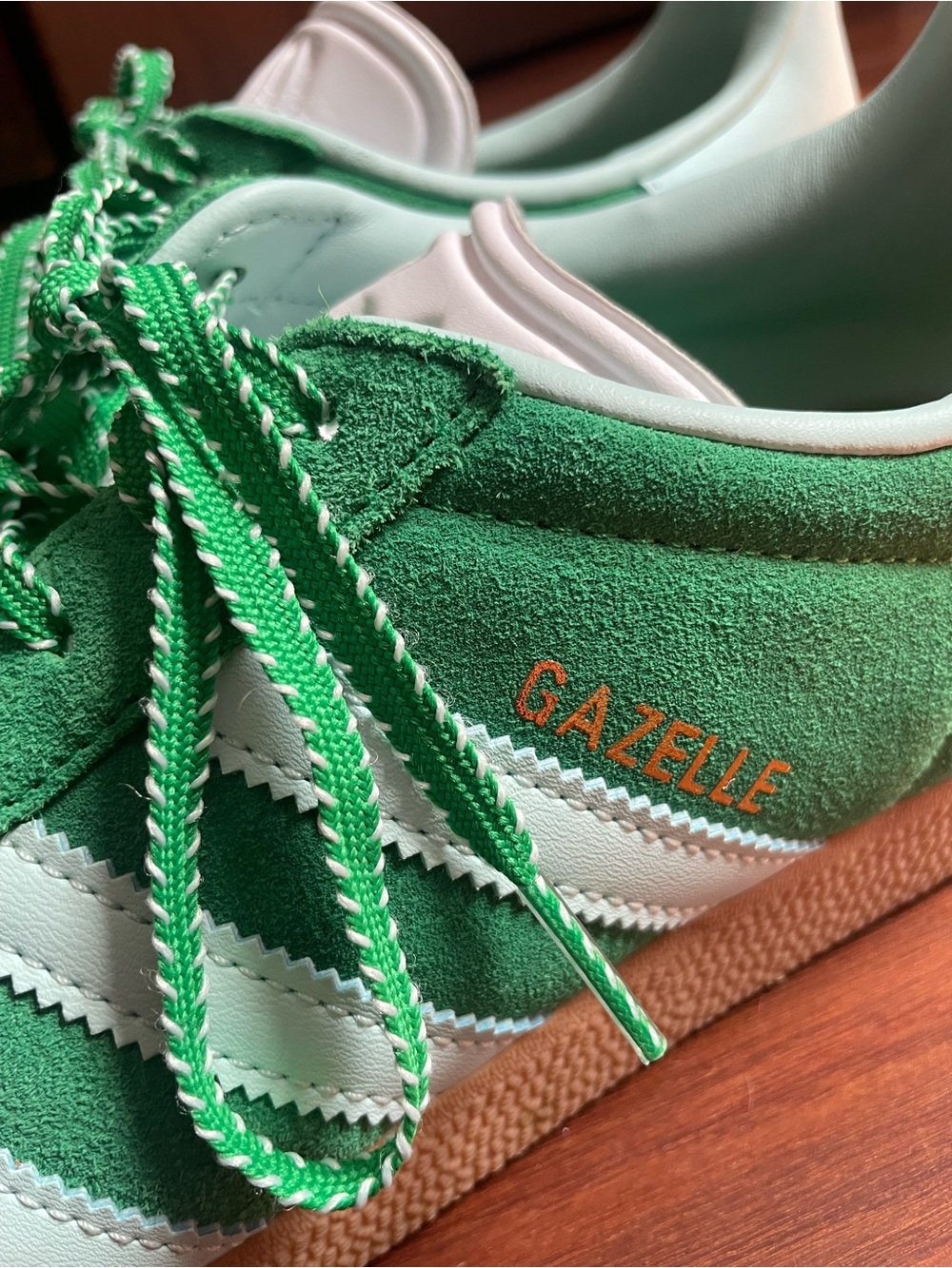 adidas Green Suede Sneakers with White Stripes and Gum Sole - Picture 3 of 6